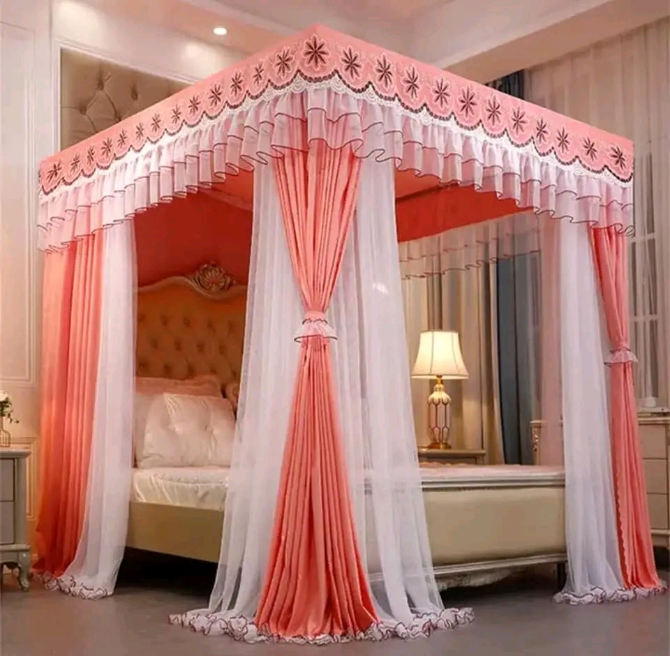 luxury Mosquito Net 4 stands with Curtains-Pink