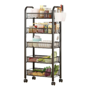 Fruit Vegetable Storage Basket, 5 Tier Stackable Metal Mesh Storage Basket with 360 Degree Wheels Fruit Vegetable Produce Basket Storage Organizer for Kitchen, Pantry, Bathroom Black