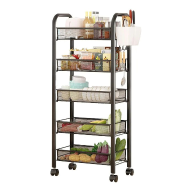 Fruit Vegetable Storage Basket, 5 Tier Stackable Metal Mesh Storage Basket with 360 Degree Wheels Fruit Vegetable Produce Basket Storage Organizer for Kitchen, Pantry, Bathroom Black