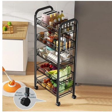 Fruit Vegetable Storage Basket, 5 Tier Stackable Metal Mesh Storage Basket with 360 Degree Wheels Fruit Vegetable Produce Basket Storage Organizer for Kitchen, Pantry, Bathroom Black - Image 2