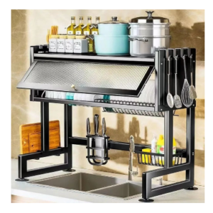 2 Tier Rack Steel Dish Drainer (105 Cm) Organizer with Cover for Kitchen Shelf, Expandable Above Sink Storage Organization, Sink Dish Drainer Drying Rack, Space Saving Dish Rack