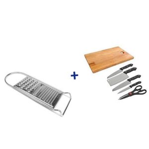 6Pc Kitchen Knife Set With Wooden Chopping Board + A Grater- Silver, Black